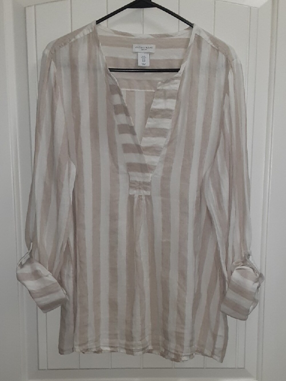 Antibes Blanc 100% Linen Striped Roll-Tab Tunic Top Blouse Beige Size M - Picture 3 of 10